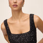 Black Square Neck Sleeveless Sequin Sheath Dress - Close-up Neckline Detail - Le Chateau