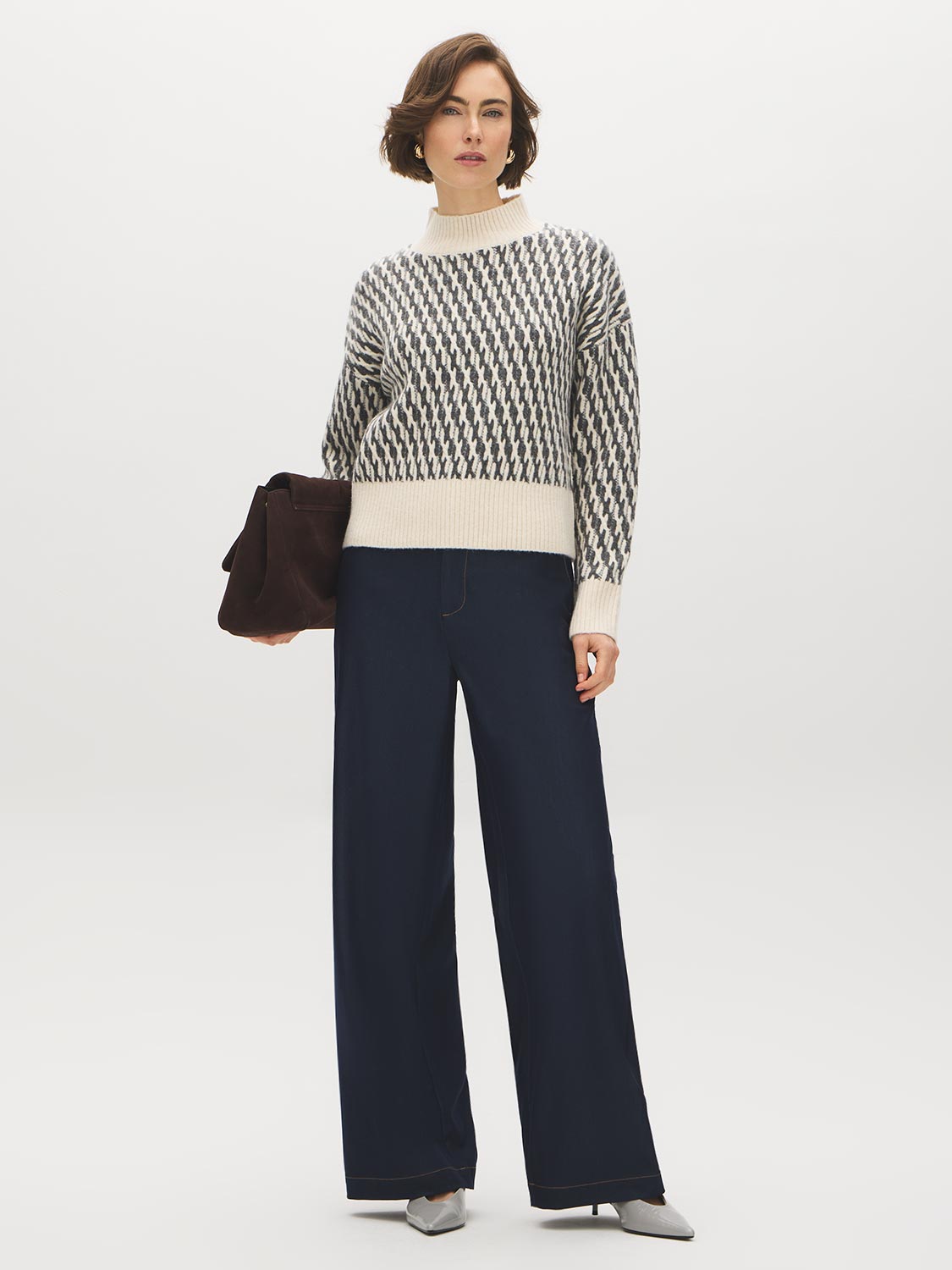 White/Dark Grey Jacquard Mock Neck Sweater - Front View - Suzy Shier