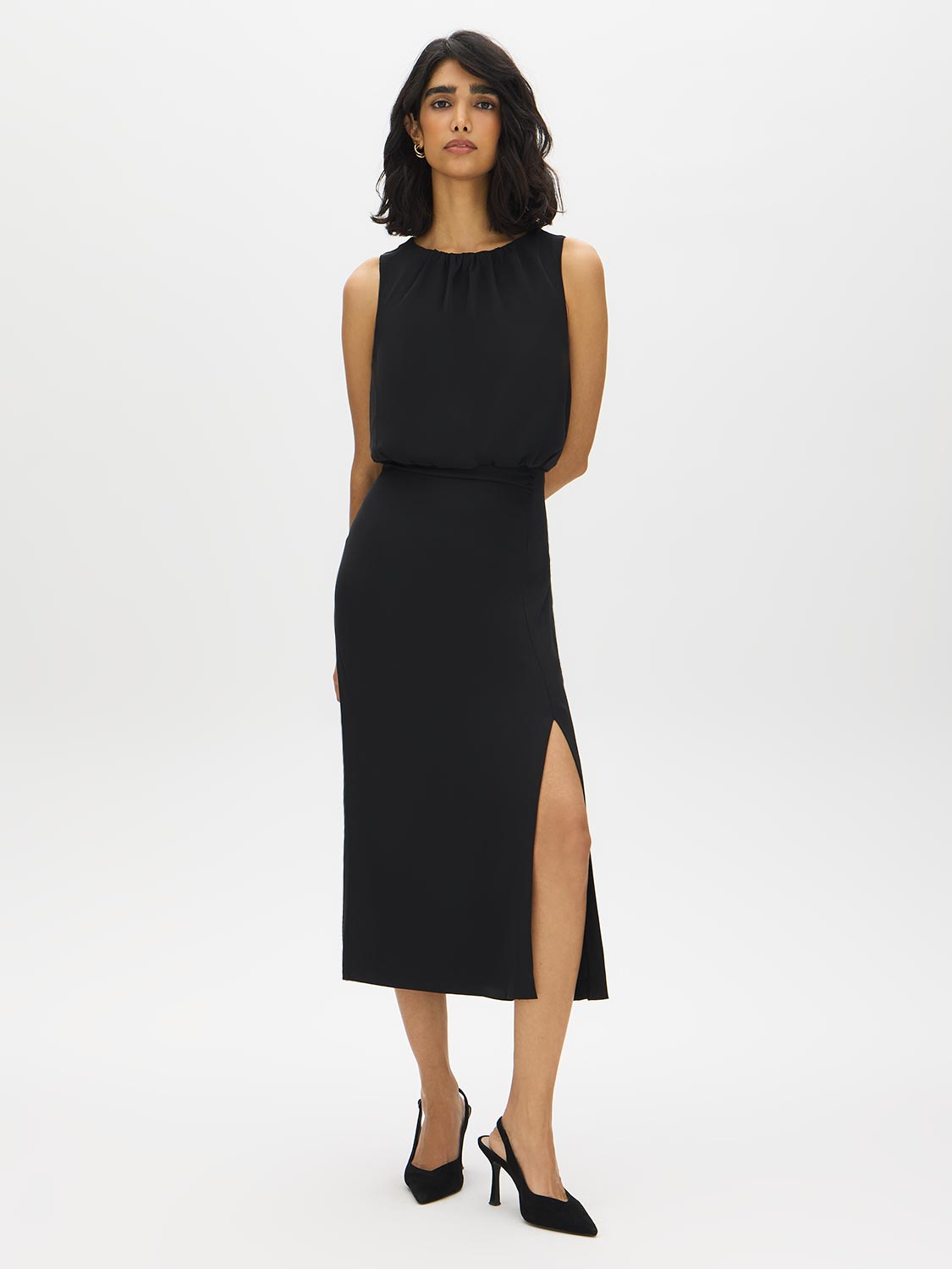 Black Blouson Top Dress with Front Slit - Woman Wearing Sleeveless Elegant Dress - Suzy Shier