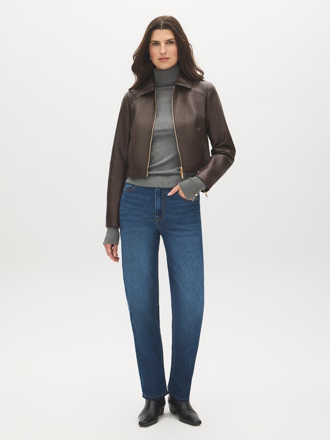 Brown Vegan Leather Shorts with Front Zipper - Full Body View - Suzy Shier