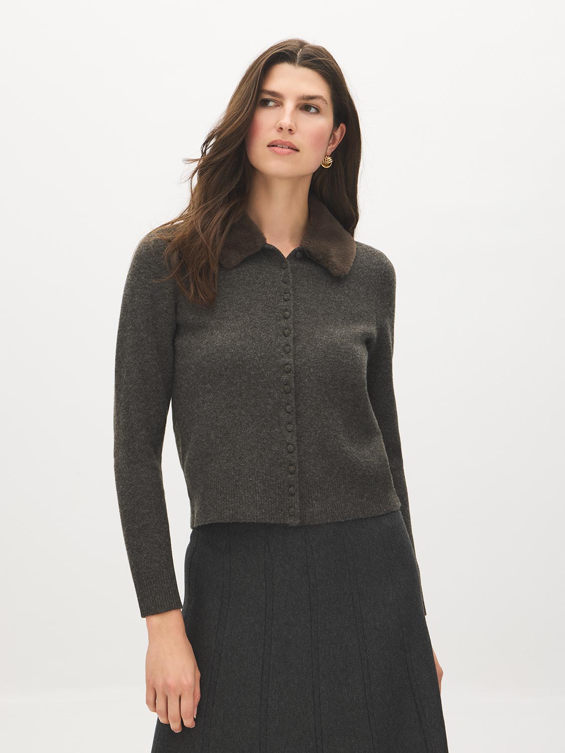 Dark Grey Knit Sweater Cardigan with Removable Fur Collar - Woman Wearing Button-Front Cardigan - Suzy Shier