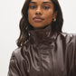 Brown Vegan Leather Bomber Jacket with Funnel Neck - Close-up Collar Detail - Suzy Shier