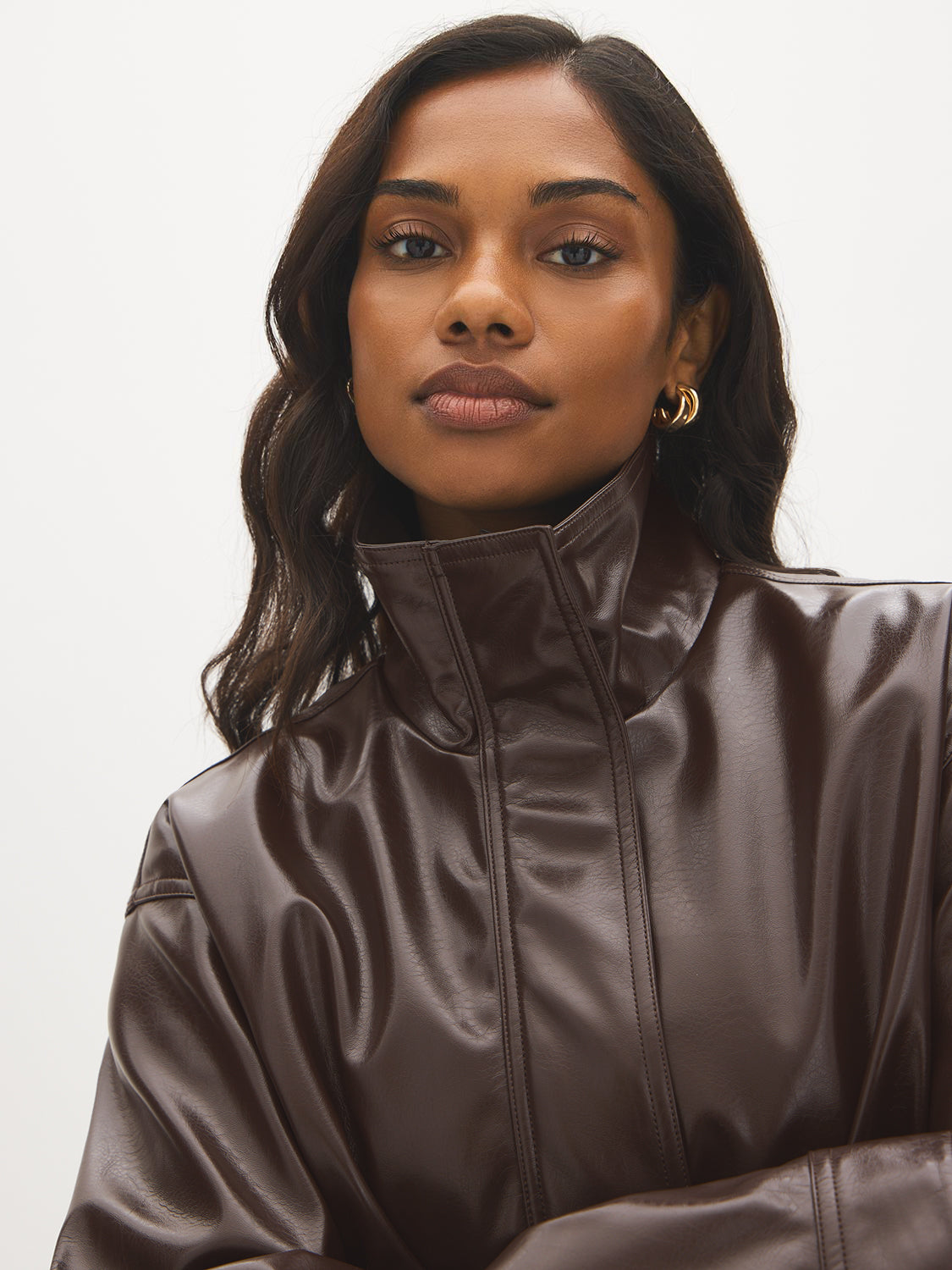Brown Vegan Leather Bomber Jacket with Funnel Neck - Close-up Collar Detail - Suzy Shier