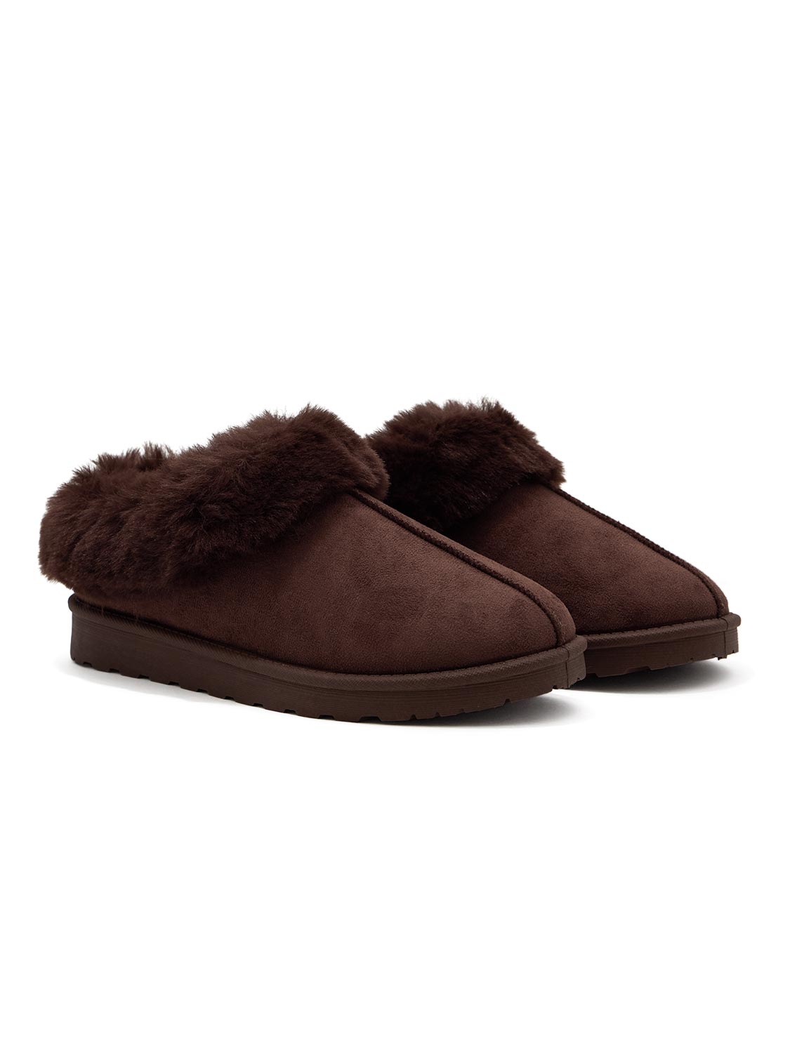 Dark Brown Faux Suede Slippers with Faux Fur Insole - Angled Pair View - Suzy Shier