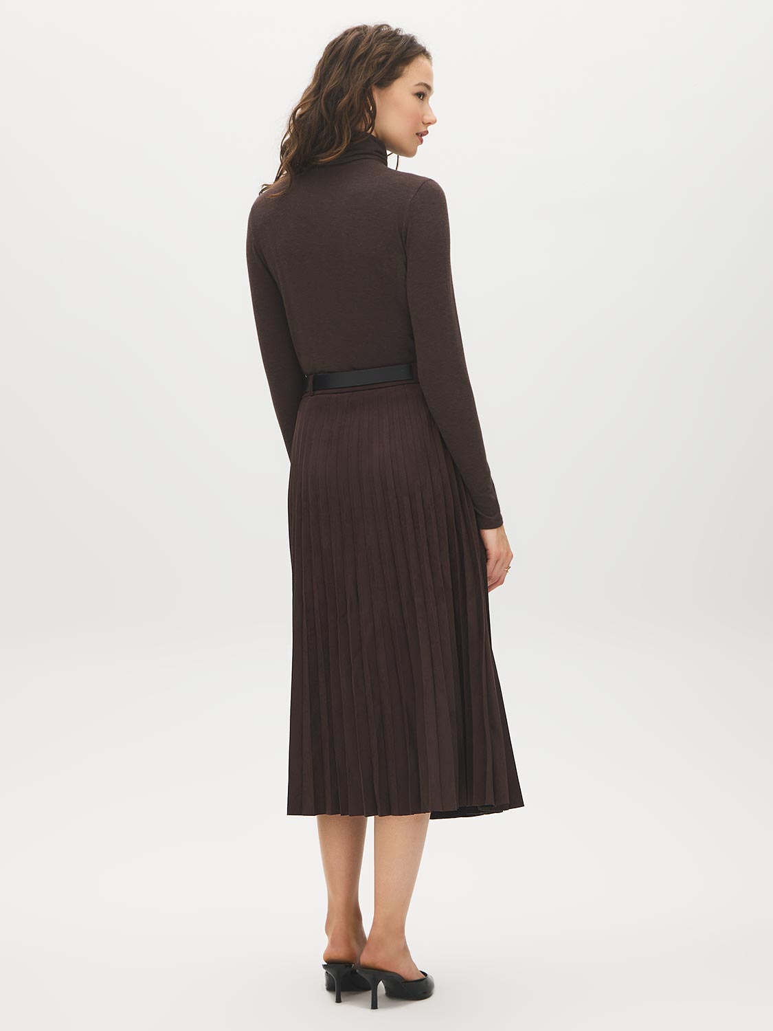 Coffee Bean Faux Suede Pleated Midi Skirt with Belt - Back View - Suzy Shier