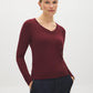 Zinfandel V-Neck Knit Sweater with Ribbed Cuffs - Woman Wearing Long Sleeve Sweater - Suzy Shier