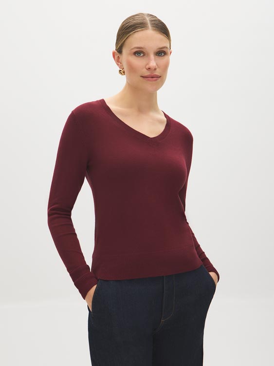 Zinfandel V-Neck Knit Sweater with Ribbed Cuffs - Woman Wearing Long Sleeve Sweater - Suzy Shier