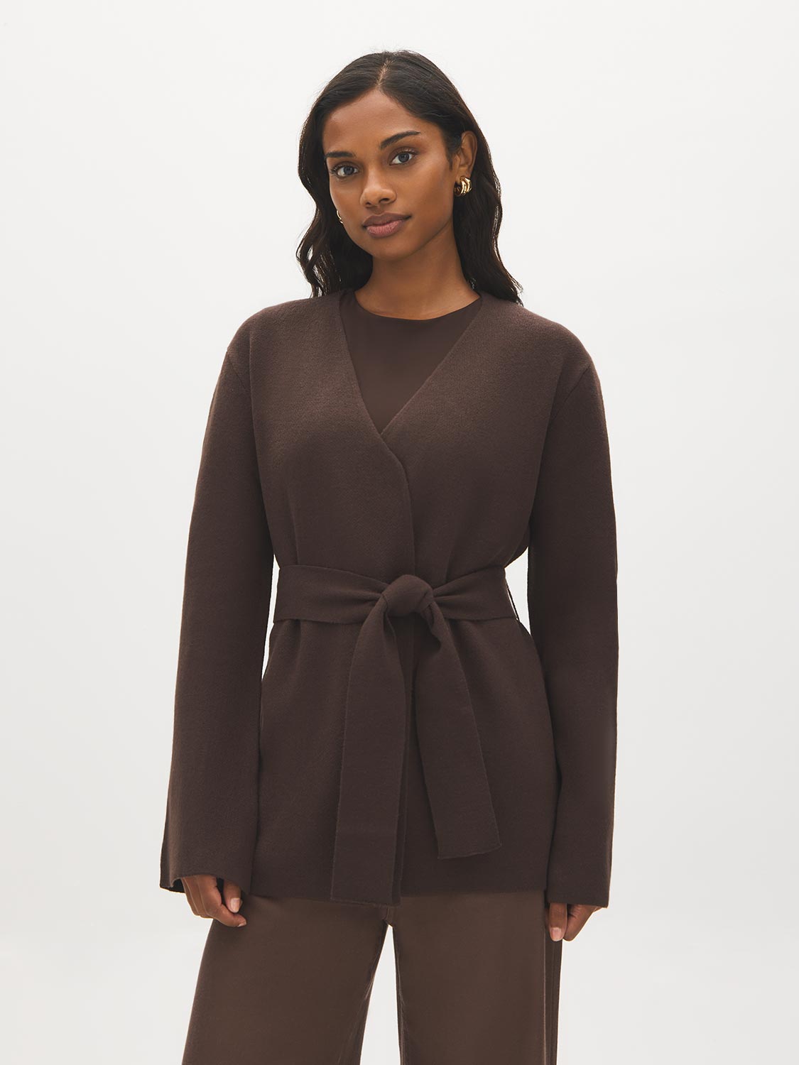 Z. Brown Open-Front Bell Sleeve Cardigan - Woman Wearing Knit Cardigan with Self-Tie Sash - Suzy Shier