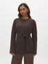 Brown Open-Front Bell Sleeve Cardigan - Woman Wearing Knit Cardigan with Self-Tie Sash - Suzy Shier