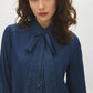Dark Denim Wash Blouse with Removable Neck Tie - Close-up Neck Tie Detail - Suzy Shier
