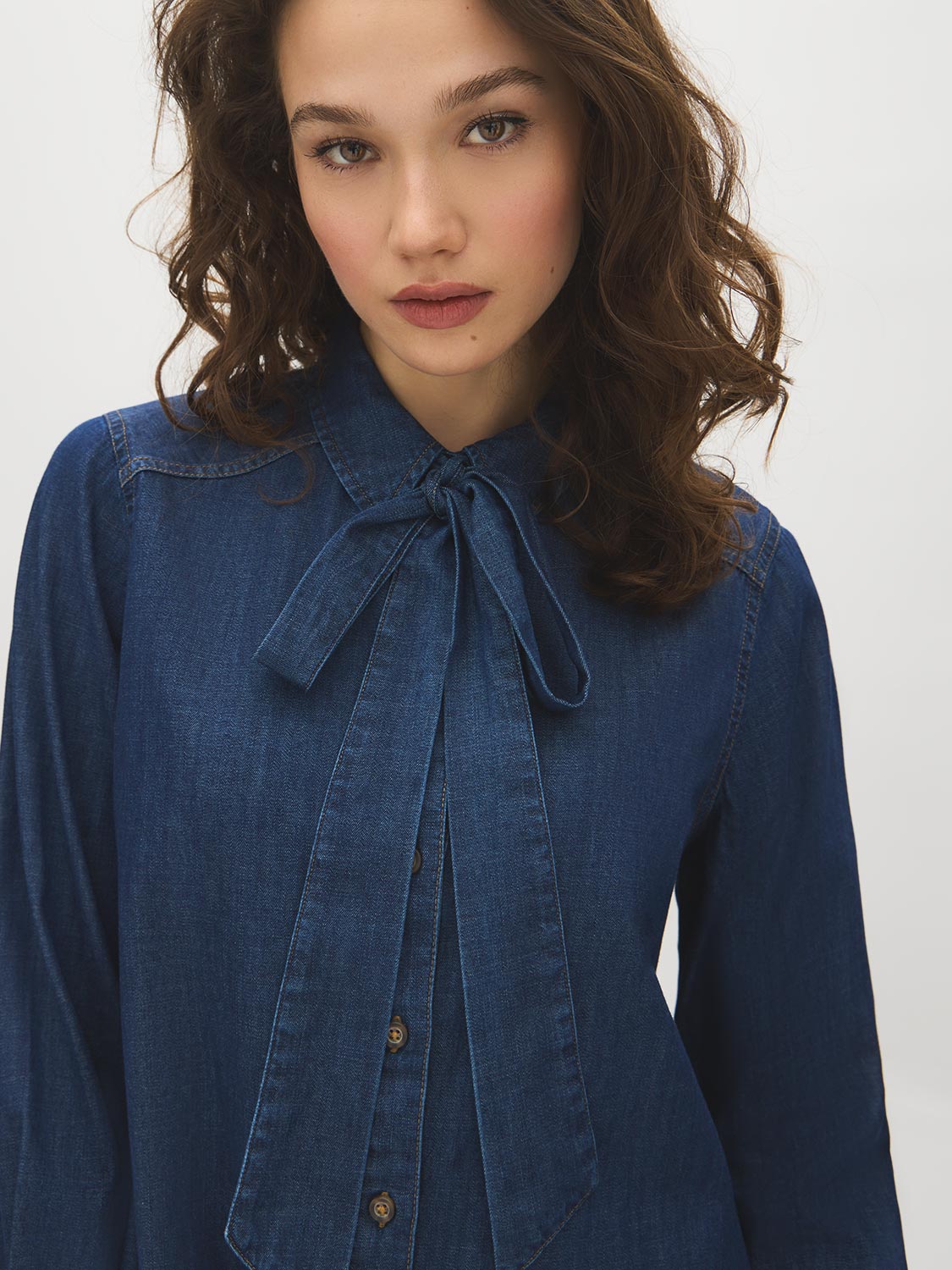 Dark Denim Wash Blouse with Removable Neck Tie - Close-up Neck Tie Detail - Suzy Shier