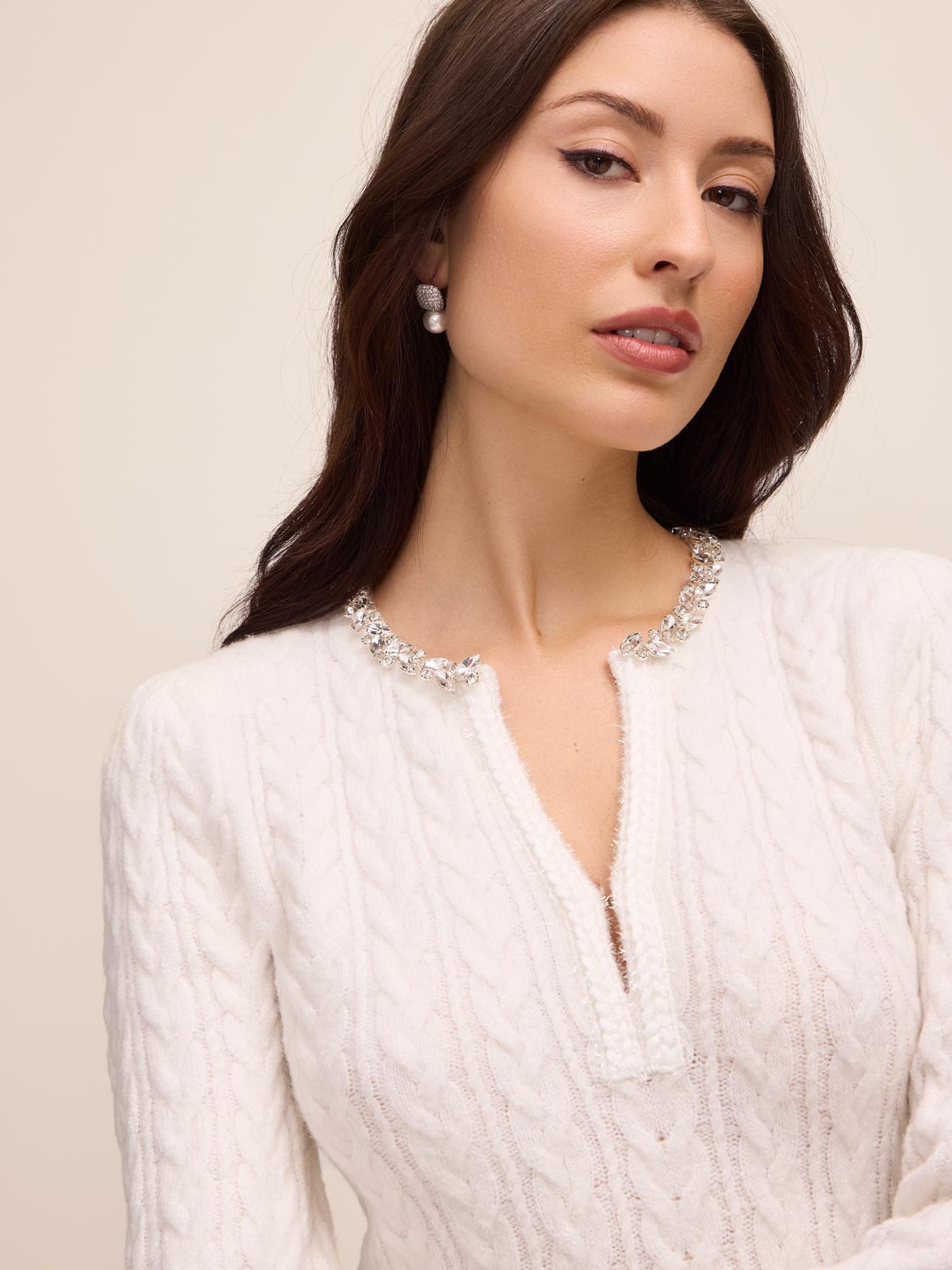 Antique Cream Cable Knit Sweater Mini Dress - Jewel Trim Detail - Le Chateau