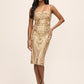 Gold Sequin Mesh Sleeveless Midi Dress - Woman Wearing Square Neck Evening Dress - Le Chateau