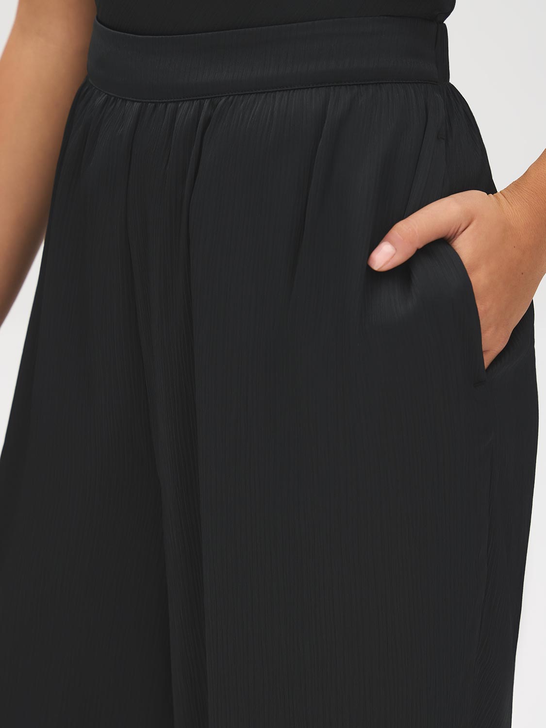 Black Pull-On Satin Pants with Elastic Back - Pocket Detail - Suzy Shier