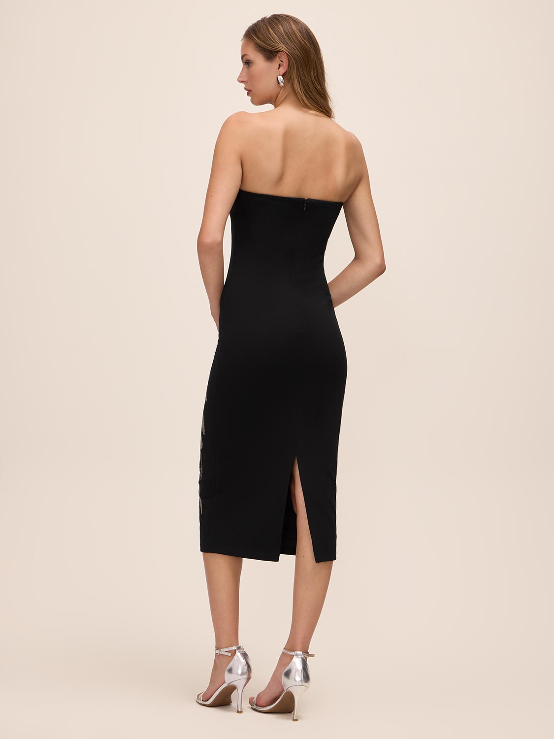 Black Strapless Knit Crepe Midi Dress with Floral Studs - Back View - Le Chateau
