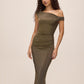 Bronze/Black Lurex Knit Asymmetric Neckline Sheath Dress - Front View - Le Chateau