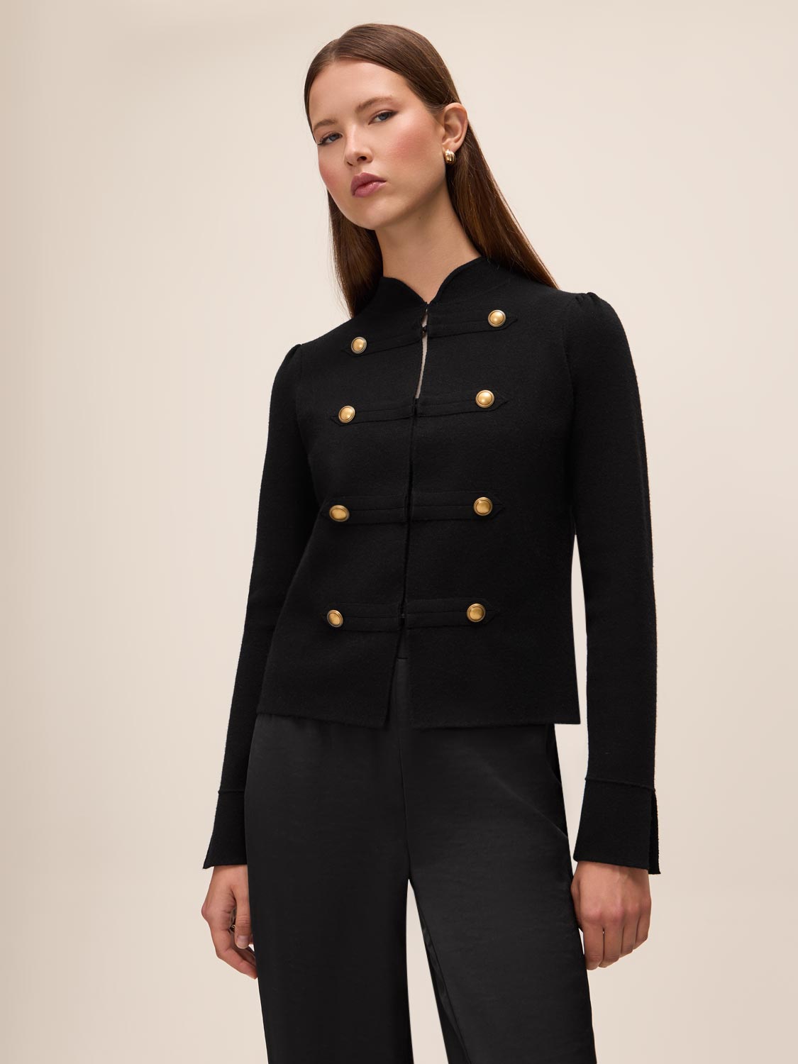 Black Military Style Knit Cardigan - Front View - Le Chateau