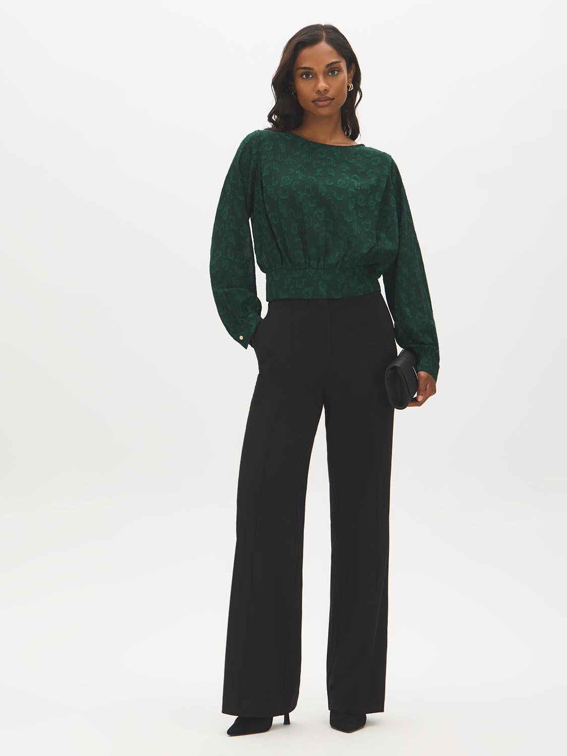 Scarab Flocked Popover Blouse with Pleated Shoulders - Front View - Suzy Shier