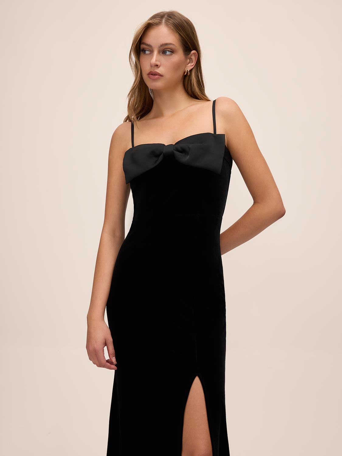 Black Velour Gown with Satin Bow - Front View - Le Chateau