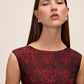 Lipstick Red/Black Jacquard Floral Fit & Flare Dress - Close-up Fabric Detail - Le Chateau