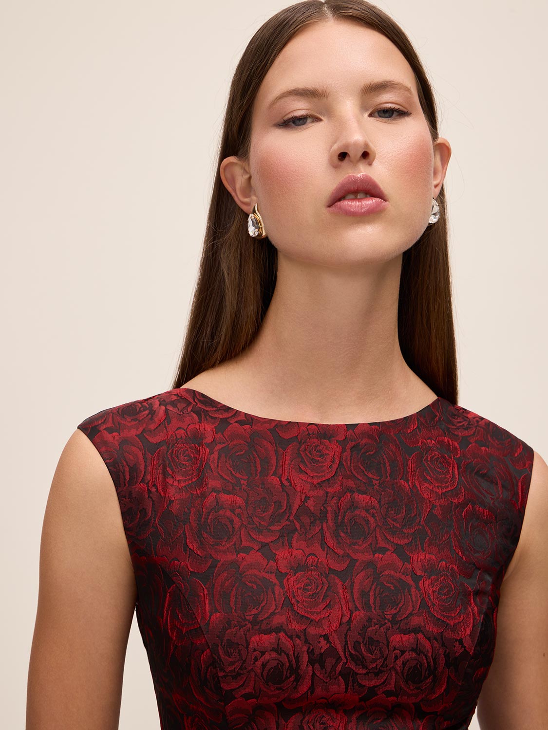 Lipstick Red/Black Jacquard Floral Fit & Flare Dress - Close-up Fabric Detail - Le Chateau