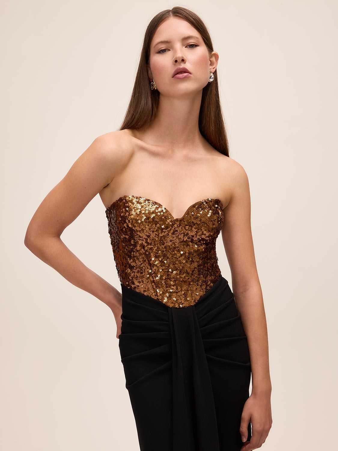 Black/Copper Sequin Bustier Dress with Draped Skirt - Upper Body Detail - Le Chateau