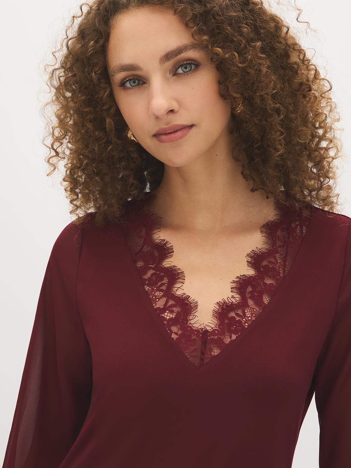 Bison V-Neck Top with Chiffon Sleeves and Lace Trim - Lace Detail - Suzy Shier