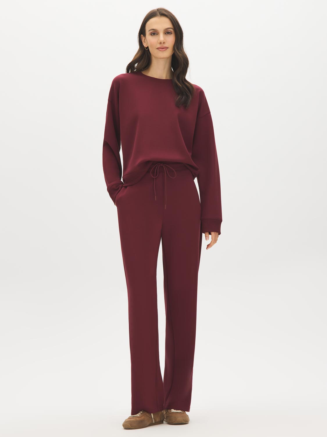 Coffee Bean Cloud Fleece Top with Drop Shoulder Sleeves - Close-up Fabric Detail - Suzy Shier
