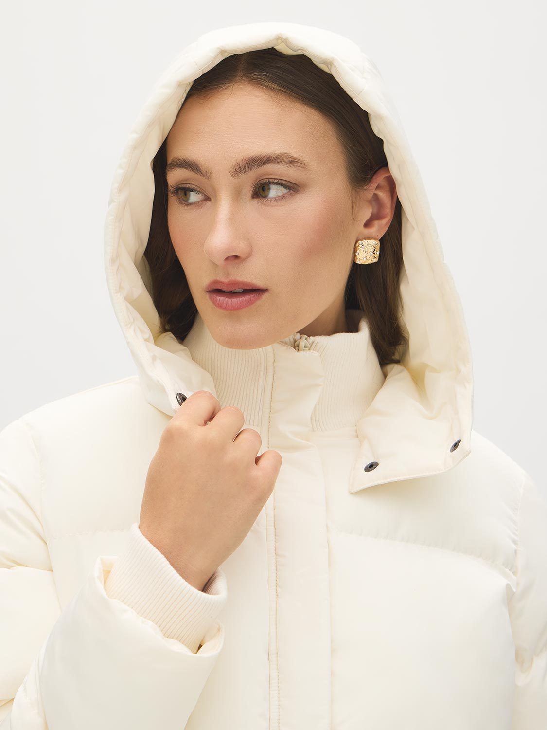 Cream Short Puffer Jacket with Hood - Hood Detail - Suzy Shier