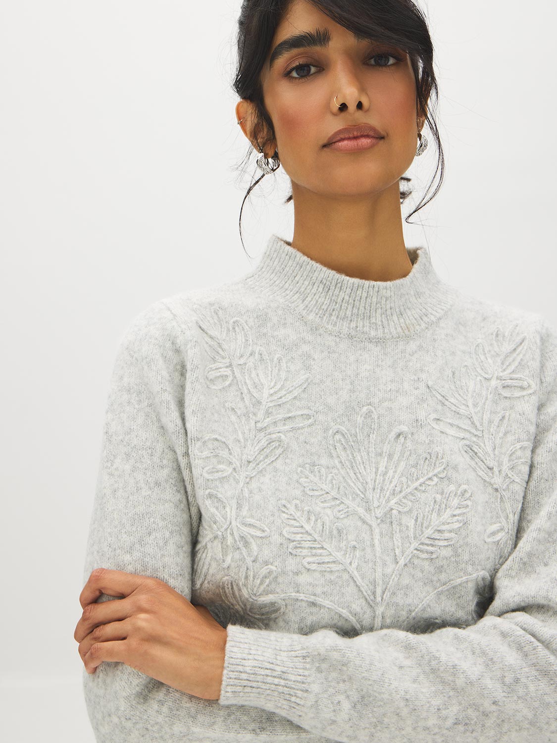 Grey Mix Mock Neck Sweater - Close-up Fabric Detail - Suzy Shier