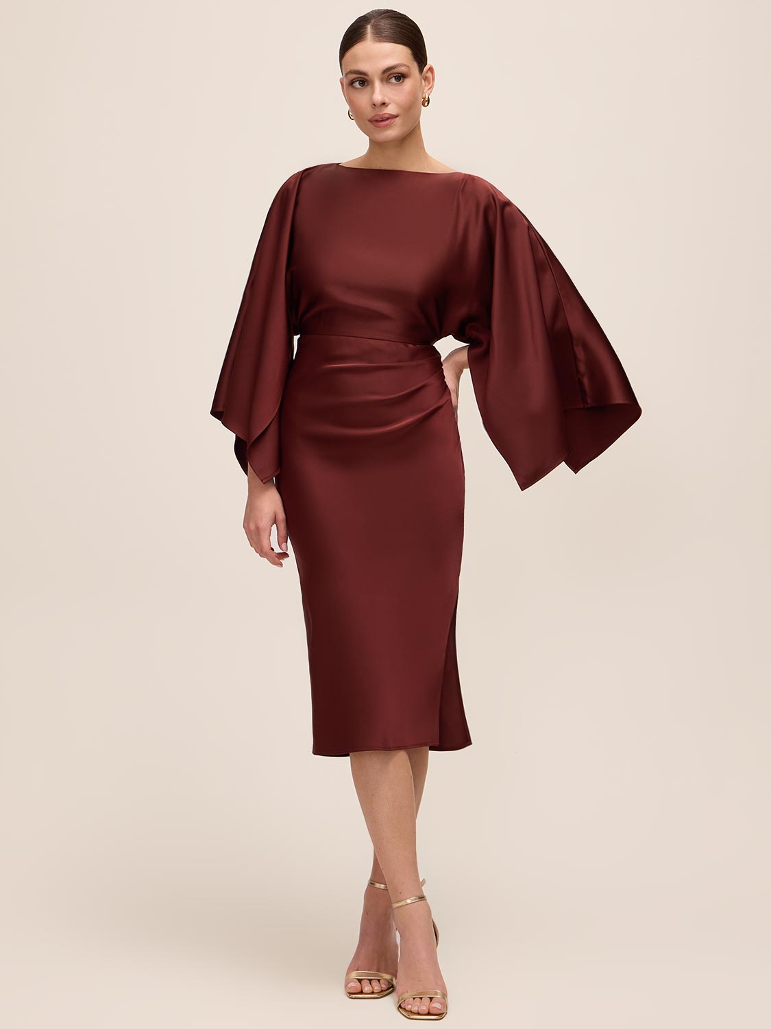 Brick Satin Boat Neck Sheath Dress - Front View - Le Chateau