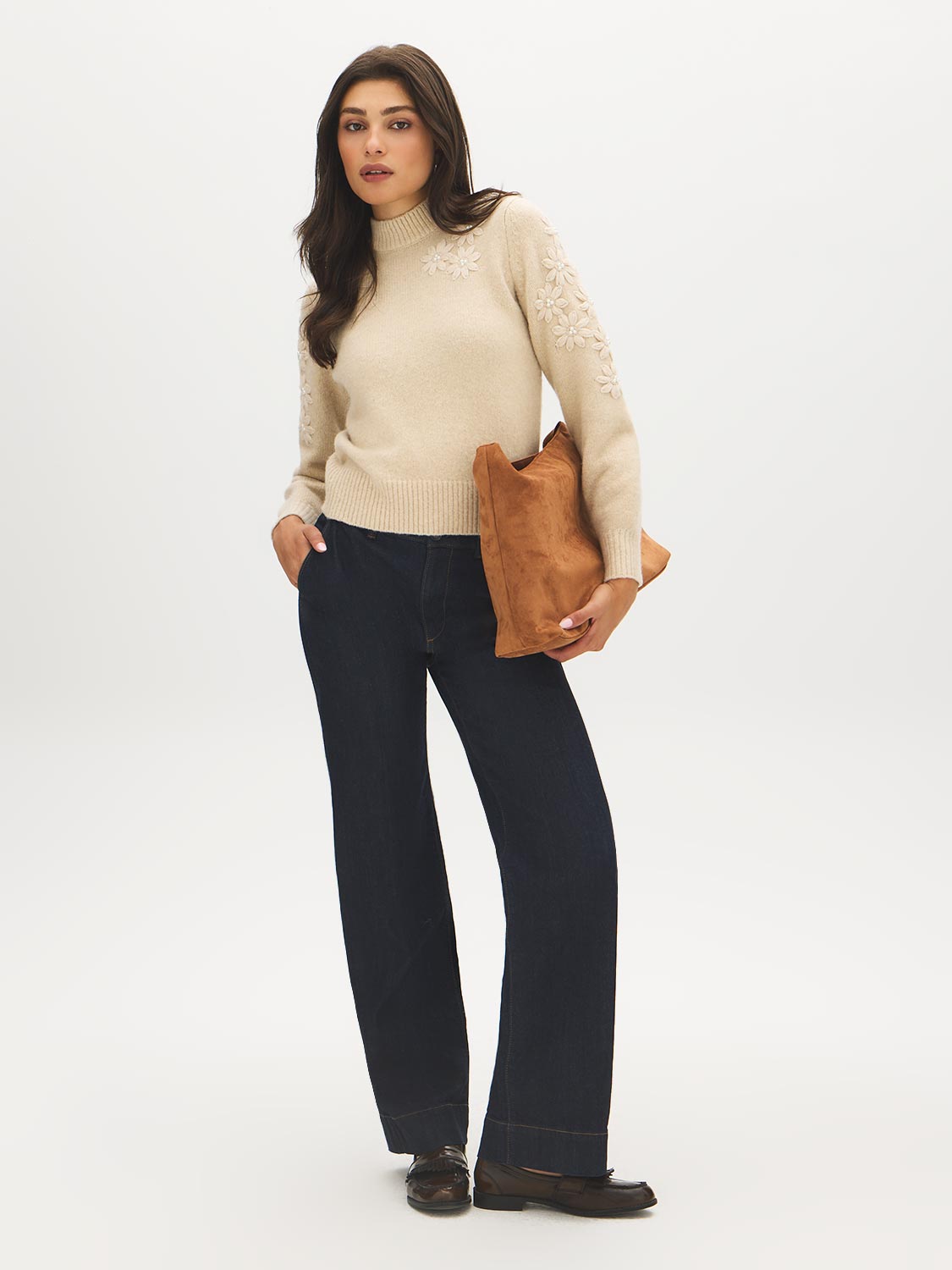 Beige Floral Embroidered Mock Neck Sweater - Front View - Suzy Shier