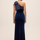 Midnight Blue One Shoulder Velour Gown with Satin Bow - Back View - Le Chateau