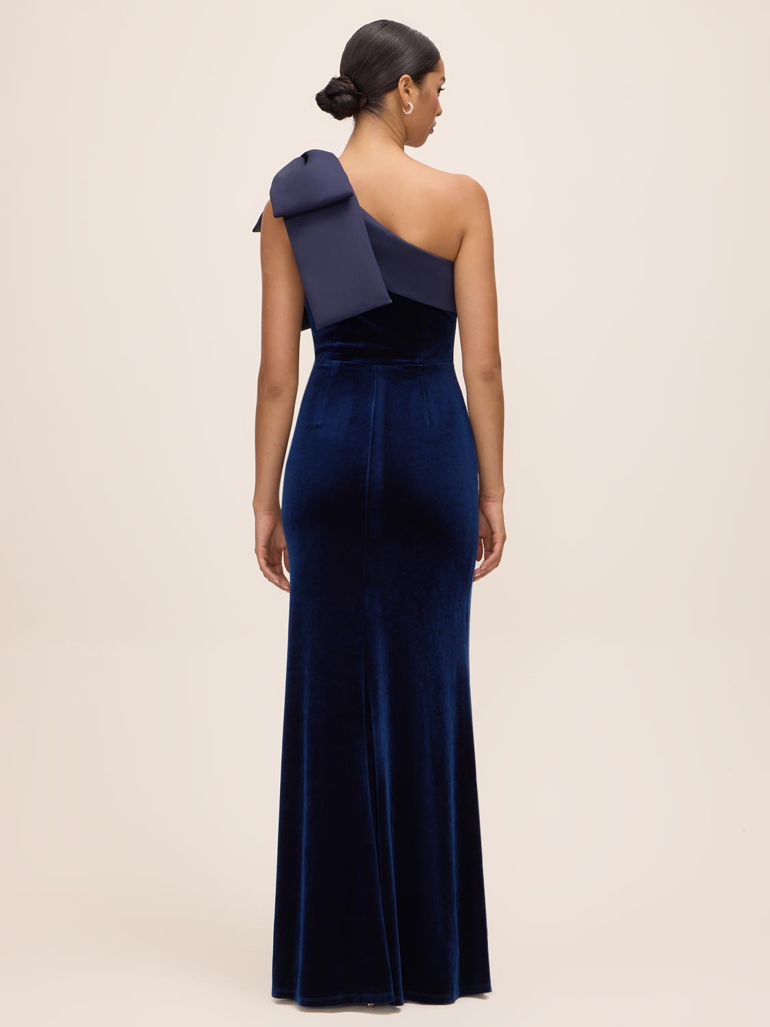 Midnight Blue One Shoulder Velour Gown with Satin Bow - Back View - Le Chateau
