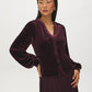 Midnight Plum Velour V-Neck Empire Blouse - Woman Wearing Luxe Button-Front Top - Suzy Shier
