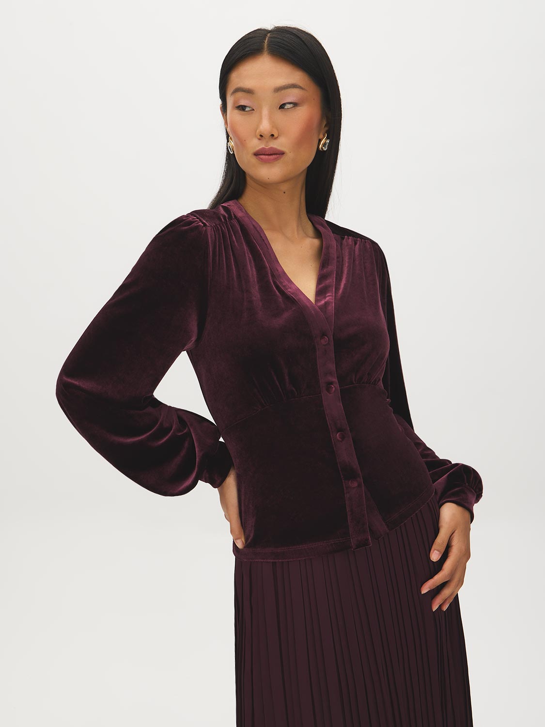 Midnight Plum Velour V-Neck Empire Blouse - Woman Wearing Luxe Button-Front Top - Suzy Shier