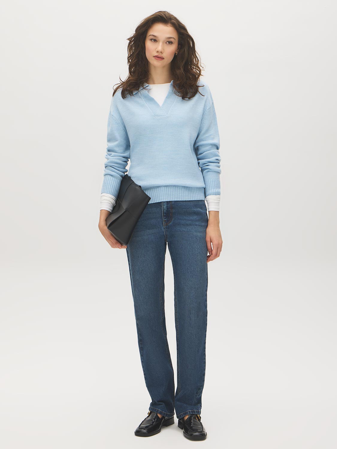 Blue Melange Polo Collar Knit Sweater - Front View - Suzy Shier