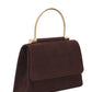 Dark Brown Woven Faux Suede Bag with Gold Top Handle - Side Profile View - Le Chateau