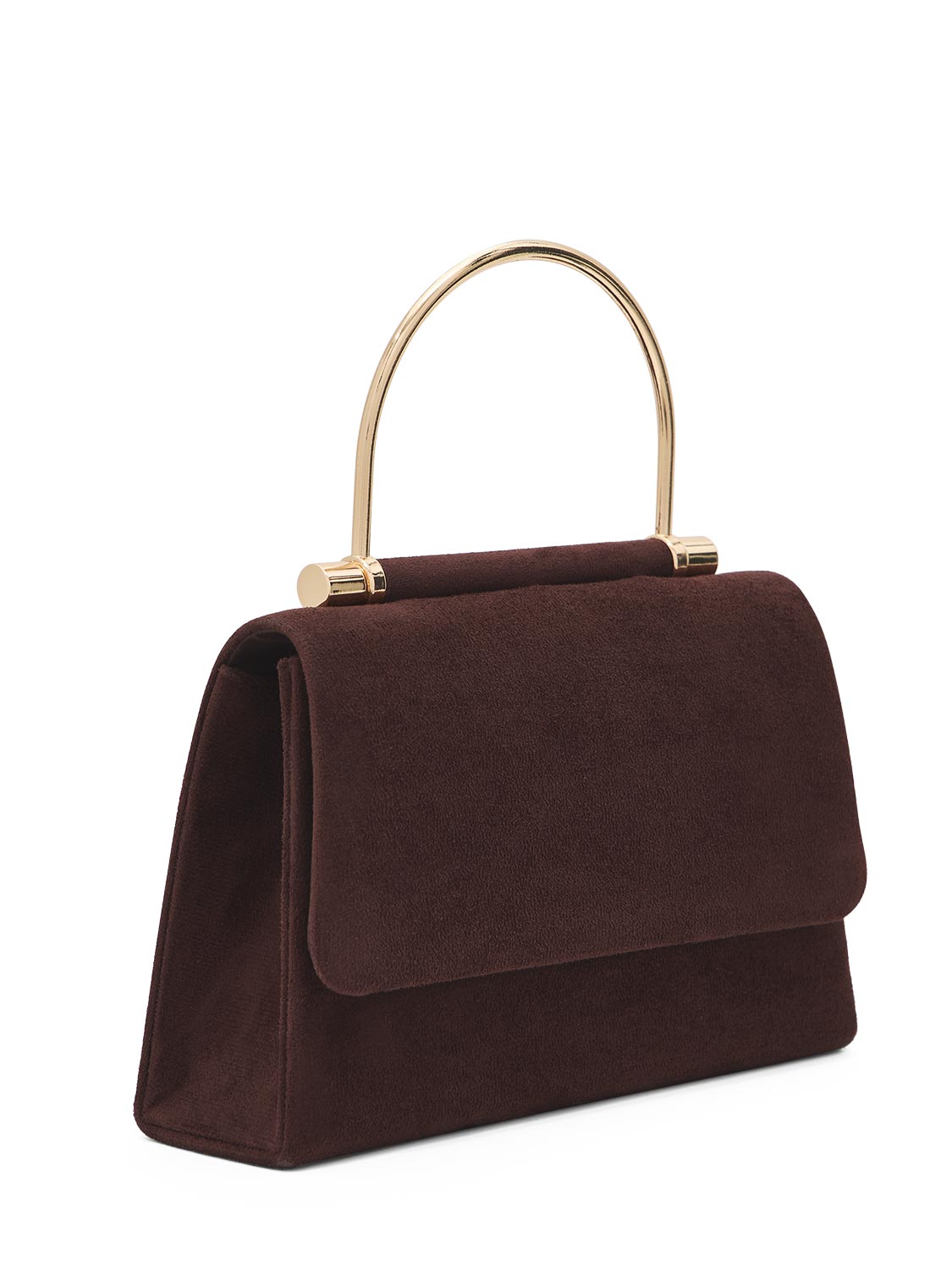 Dark Brown Woven Faux Suede Bag with Gold Top Handle - Side Profile View - Le Chateau