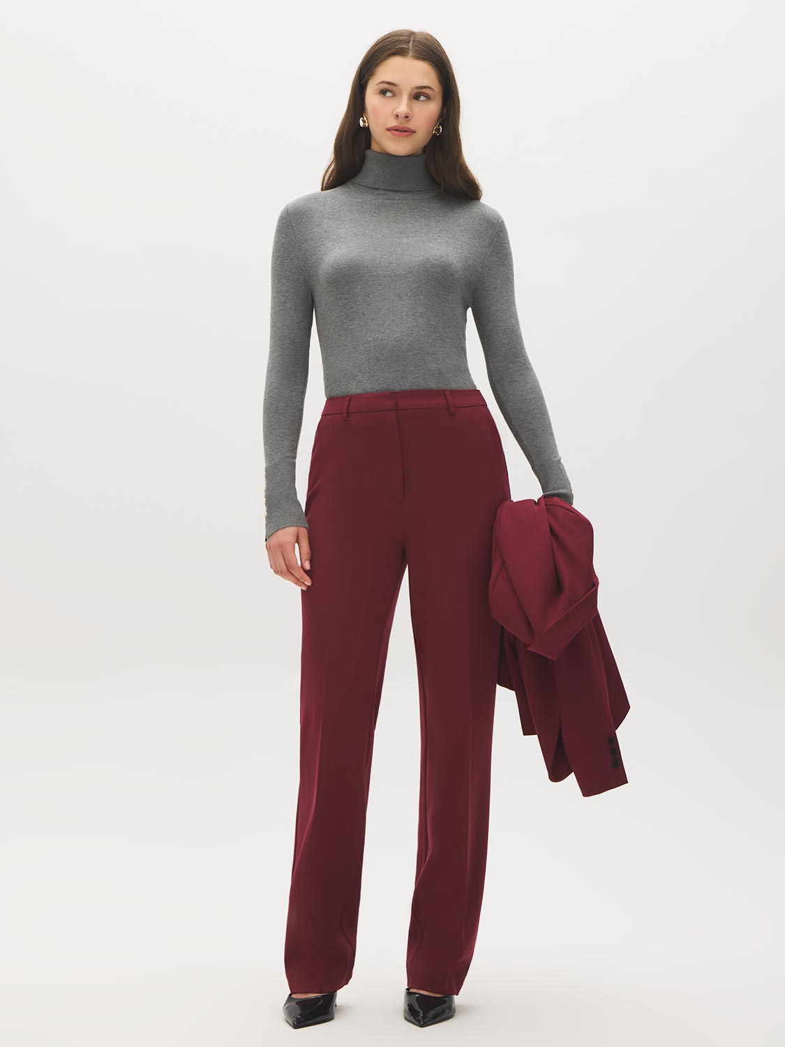 Merlot Mid-Rise Straight Leg Trousers - Woman Wearing Tailored Office Pants - Suzy Shier