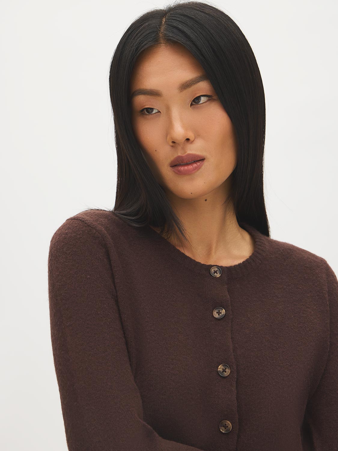 Coffee Bean Button-Front Crew Neck Cardigan - Close-up Button Detail - Suzy Shier