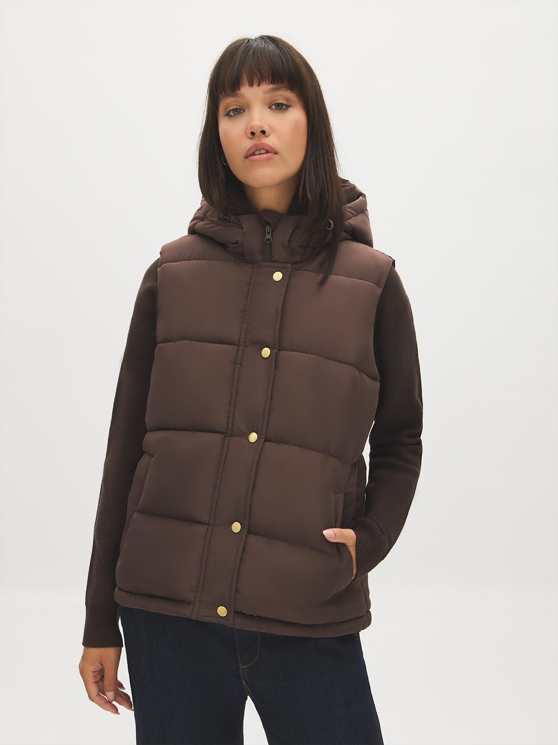 Brown Quilted Puffer Vest with Hood - Woman Wearing Water-Resistant Vest - Suzy Shier