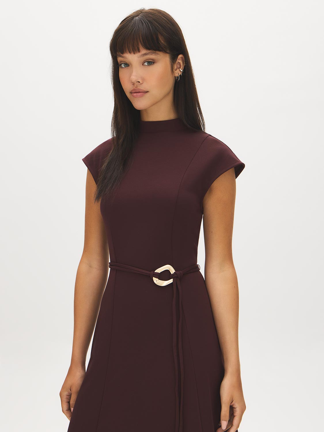 Winetasting Keyhole Back Knit Dress with Belt - Woman Wearing Cap Sleeve Midi Dress - Suzy Shier