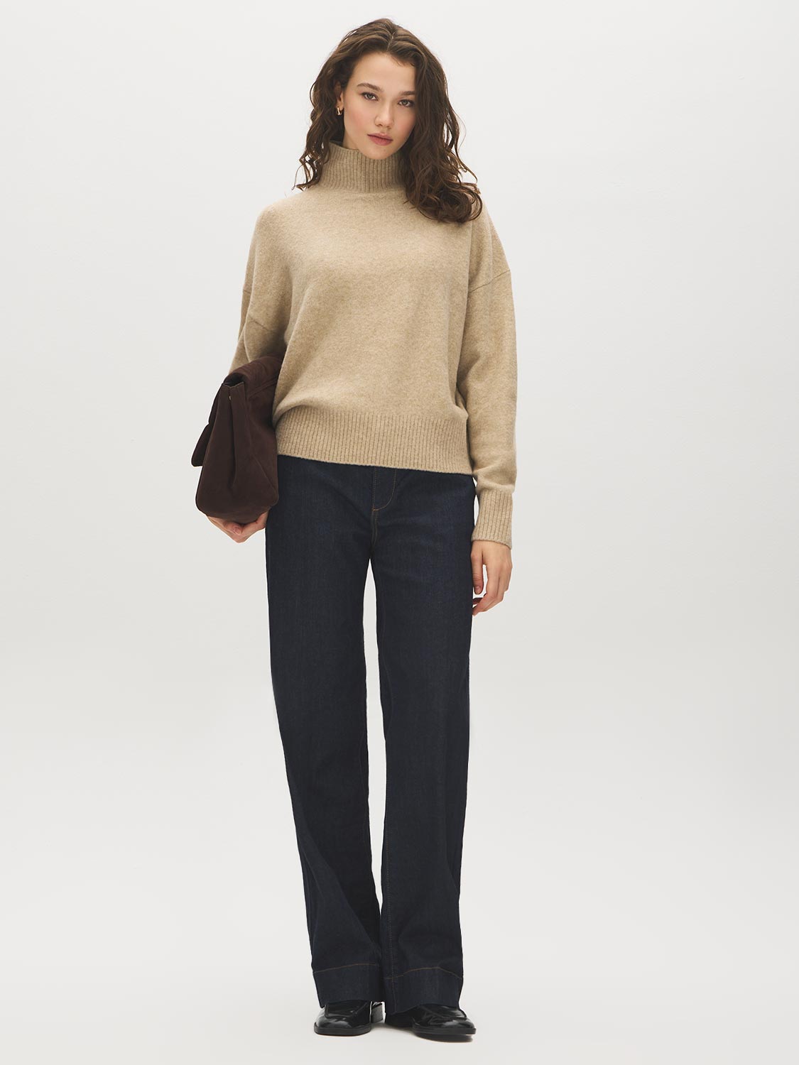 Fancy Beige Melange Mock Neck Knit Sweater - Front View - Suzy Shier