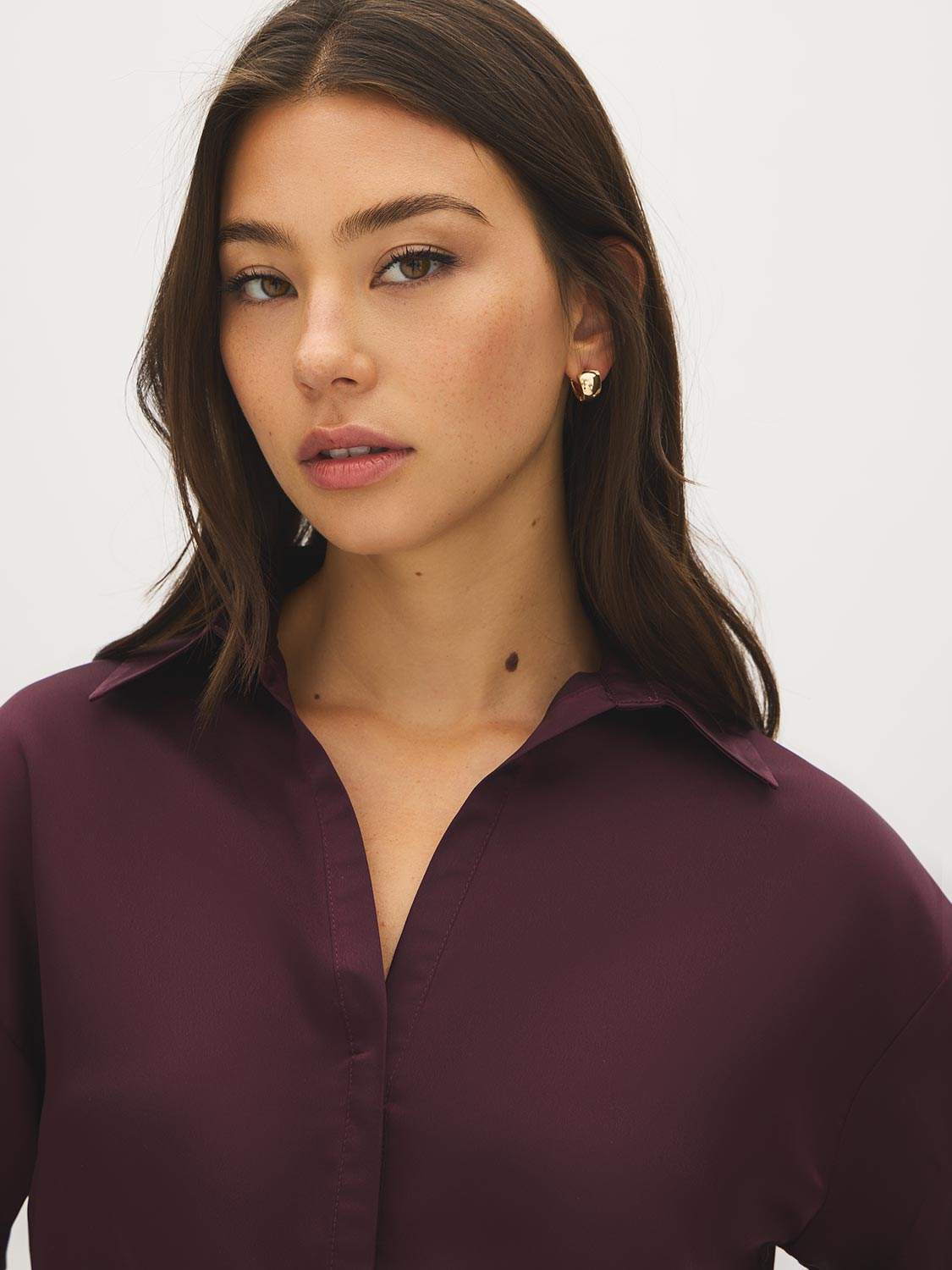 Wine Satin-Like Drop Shoulder Blouse with Waist Tie - Collar Detail - Suzy Shier