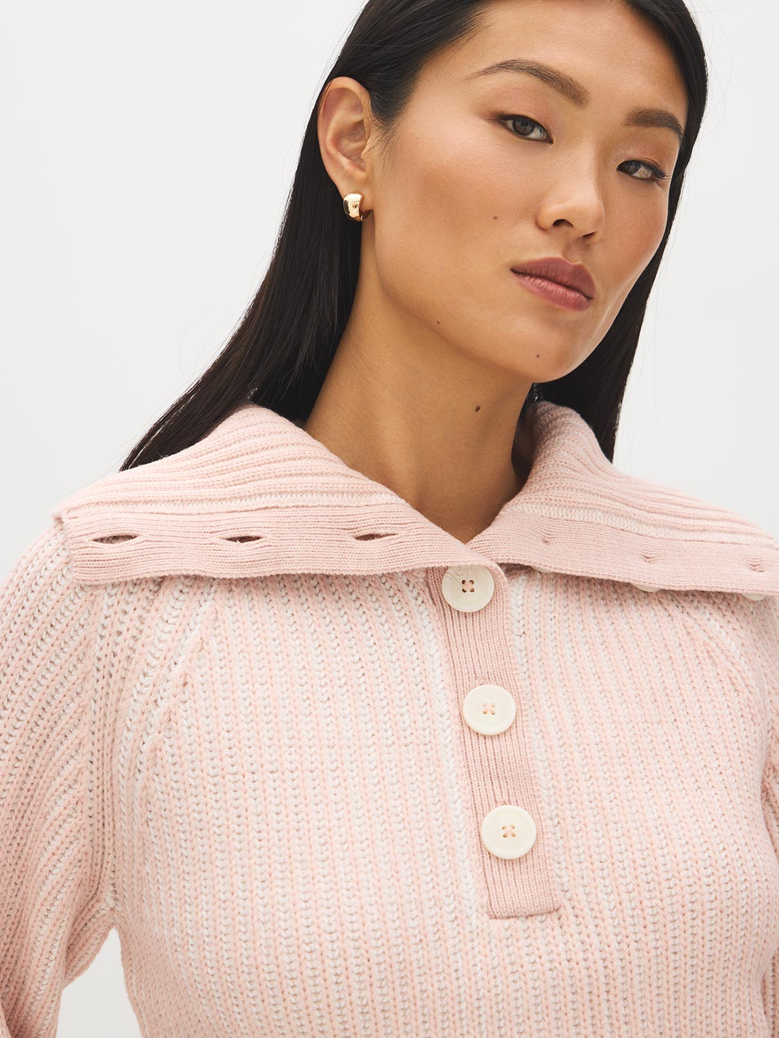 Uni Pink Mix Ribbed Shaker Stitch Sweater - Collar Detail - Suzy Shier