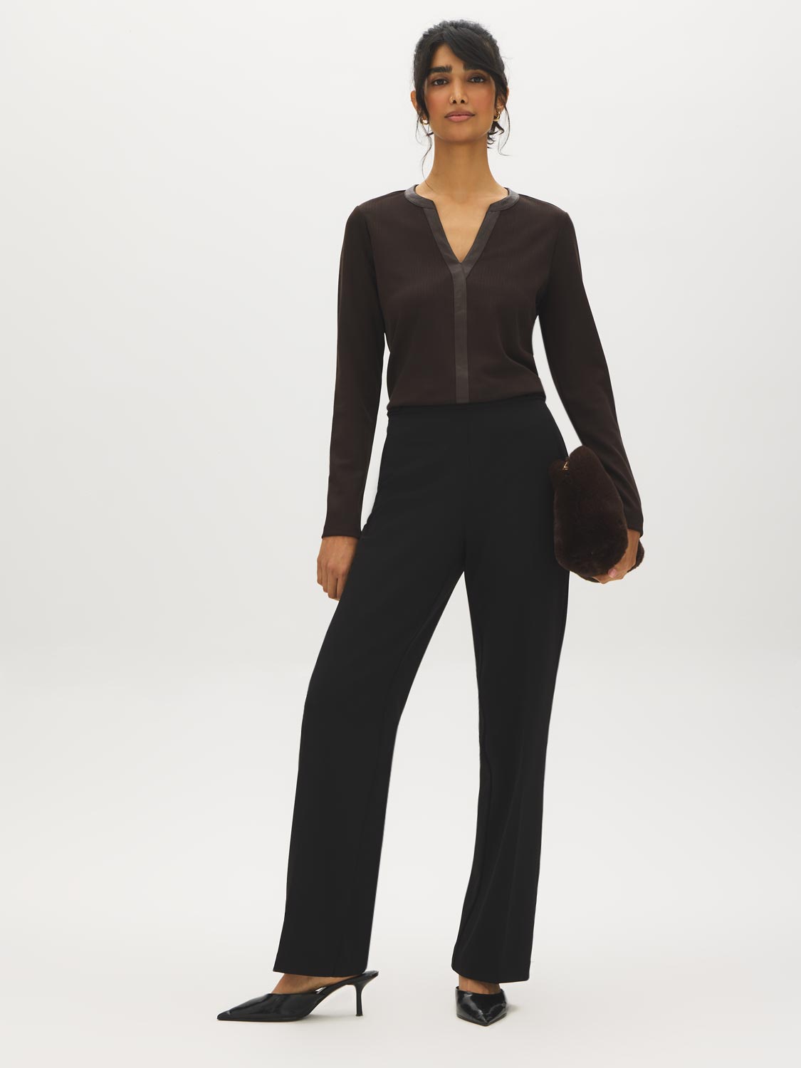 Coffee Bean Jacquard Knit Top with PU Trim - Front View - Suzy Shier