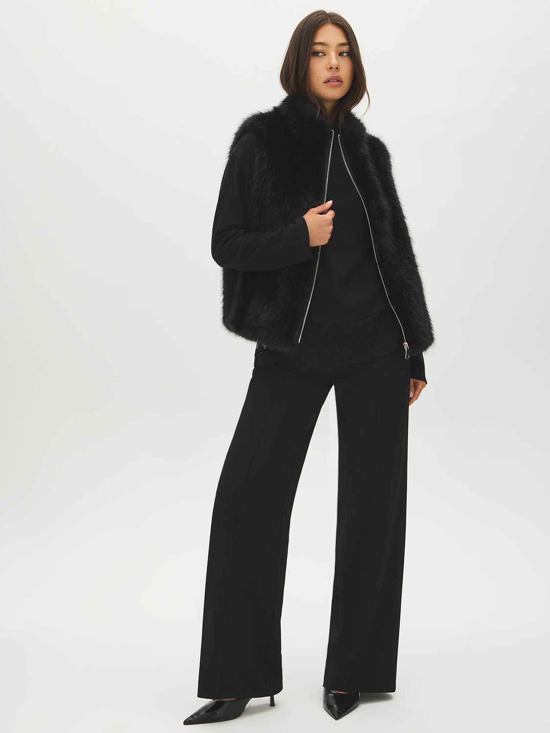 Black Faux Fur Vest with Leather Detail - Front View - Suzy Shier