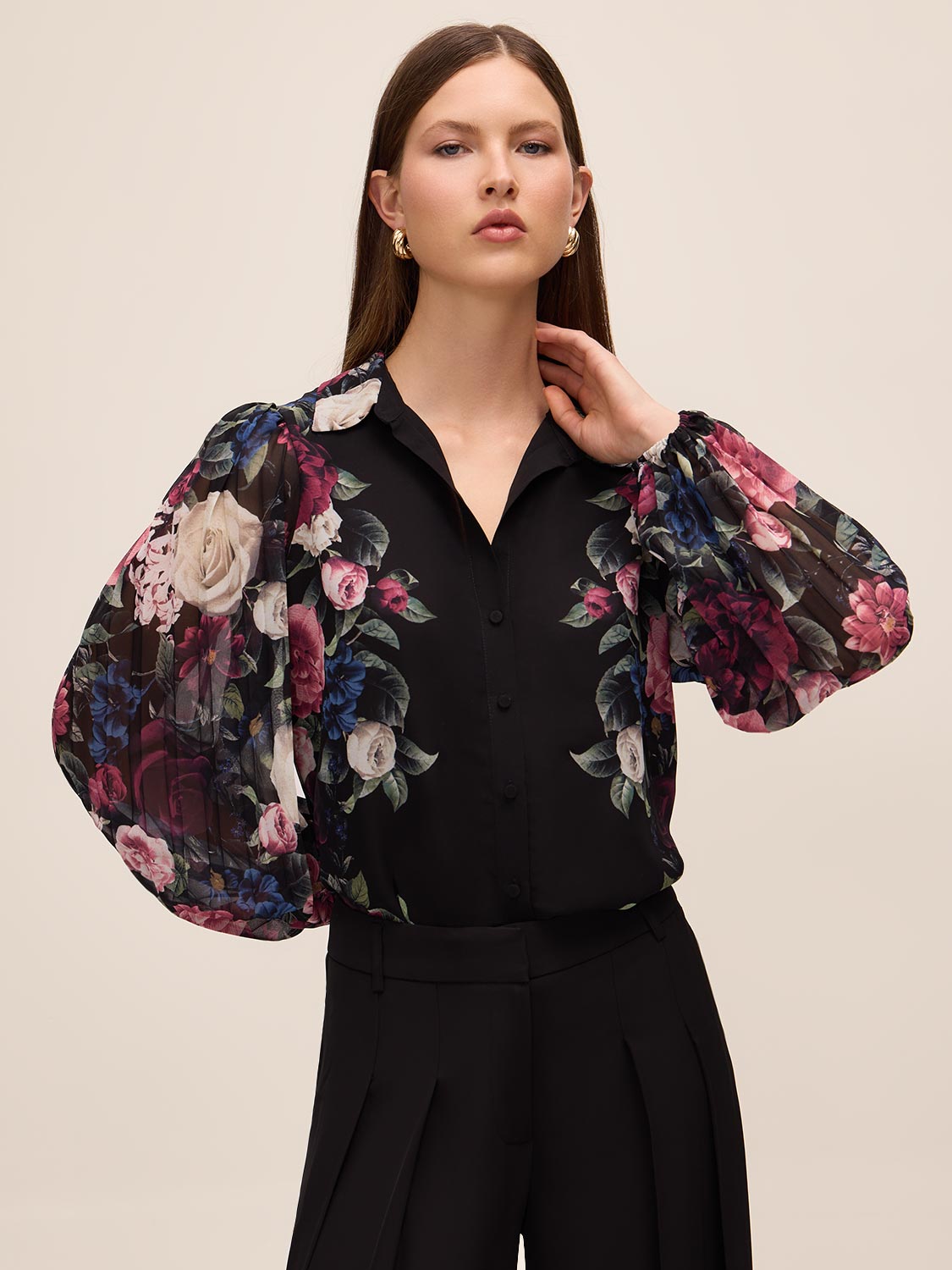 Black Print Placement Floral Blouse - Woman Wearing Elegant Woven Top - Le Chateau