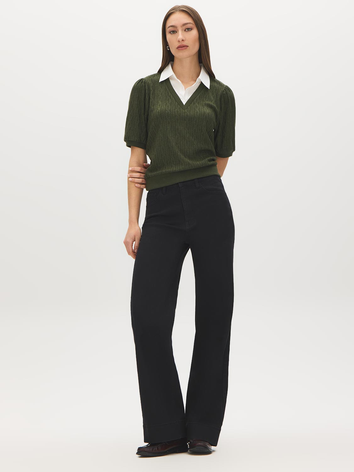 Deep Depths Melange Jacquard Sweater with Poplin Collar - Front View - Suzy Shier